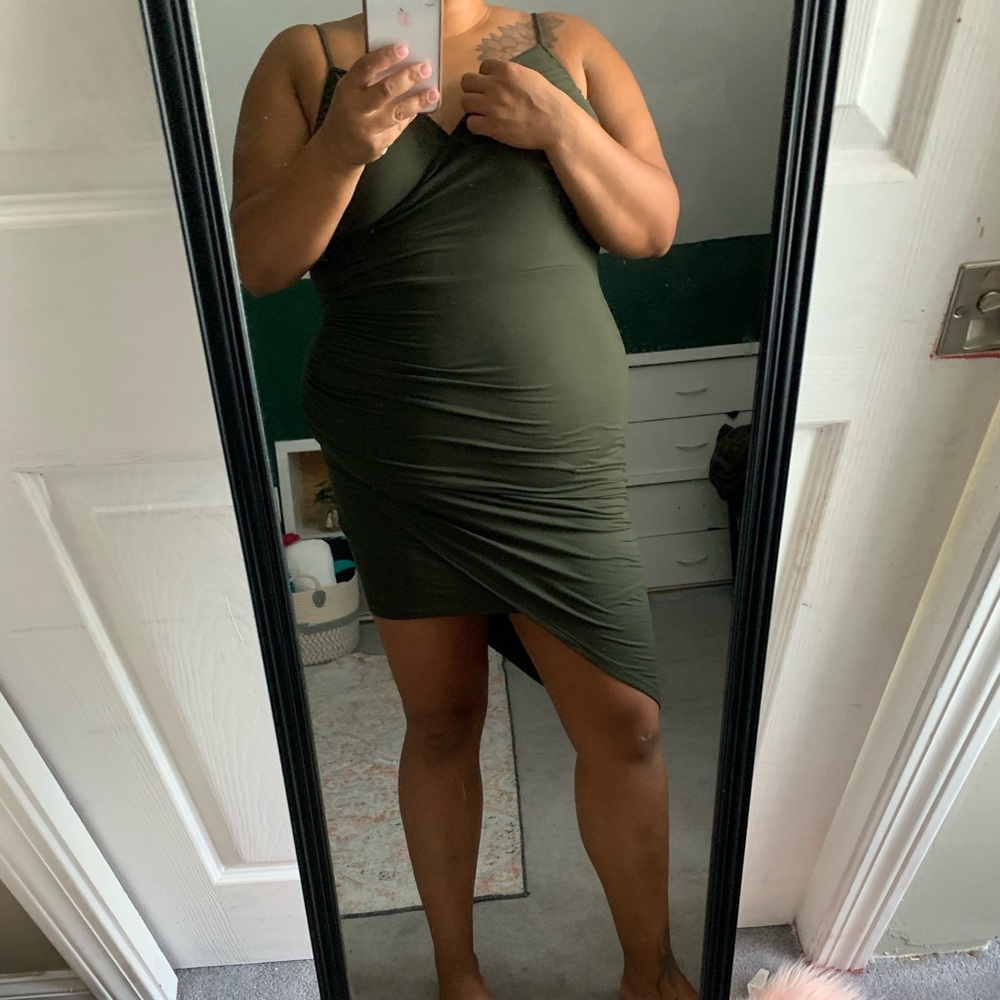 soft olive green asymmetrical thin strap dress